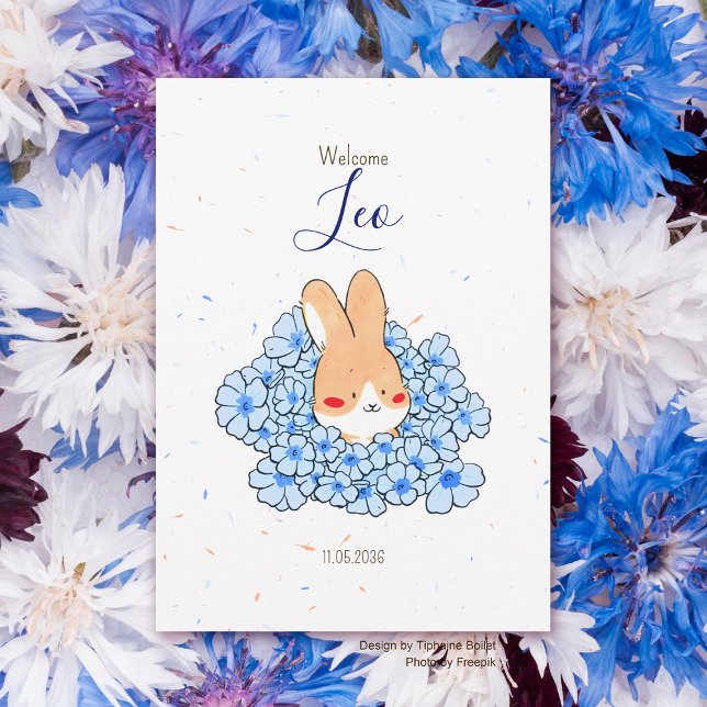 Rabbit birth announcement flower (Faire-part naissance lapin fleur bleu garçon)