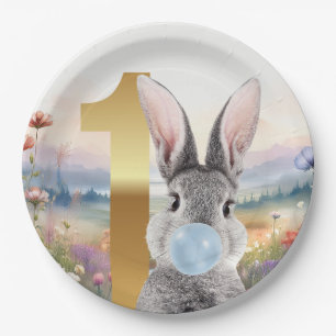 Rabbit blowing blue bubble gum First birthday Paper Plate