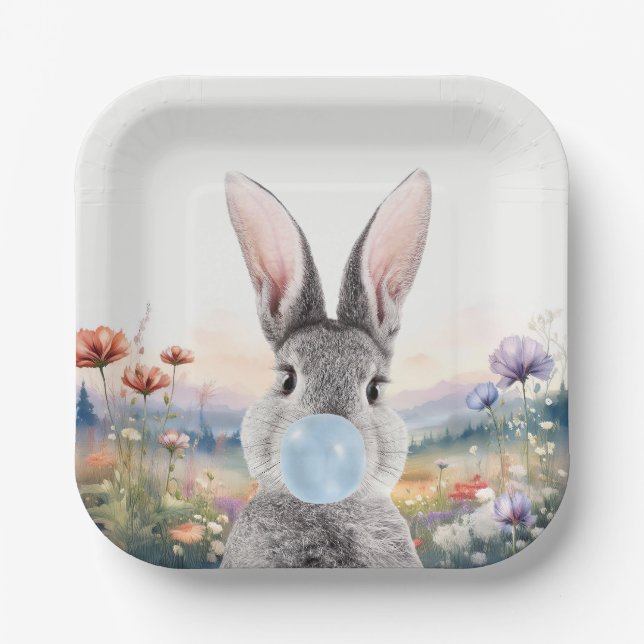 Rabbit blowing blue bubble gum with wildflowers paper plate (Front)
