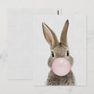 Rabbit blowing bubble gum grey linen postcard