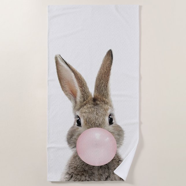 Rabbit Blowing Pink Bubble gum Beach Towel (Front)