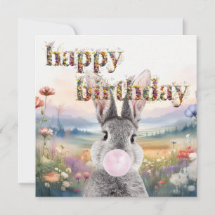 Rabbit blowing pink bubble gum Happy Birthday Card