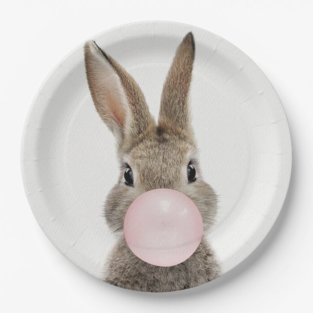Rabbit Blowing Pink Bubble gum   Paper Plate (Front)