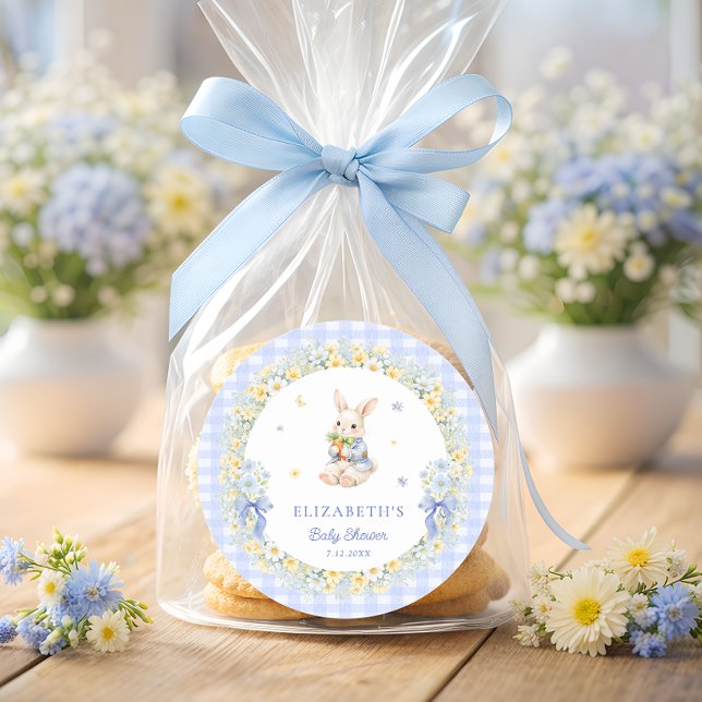 Rabbit Blue Gingham Baby Shower Thank You Classic Round Sticker (Creator Uploaded)