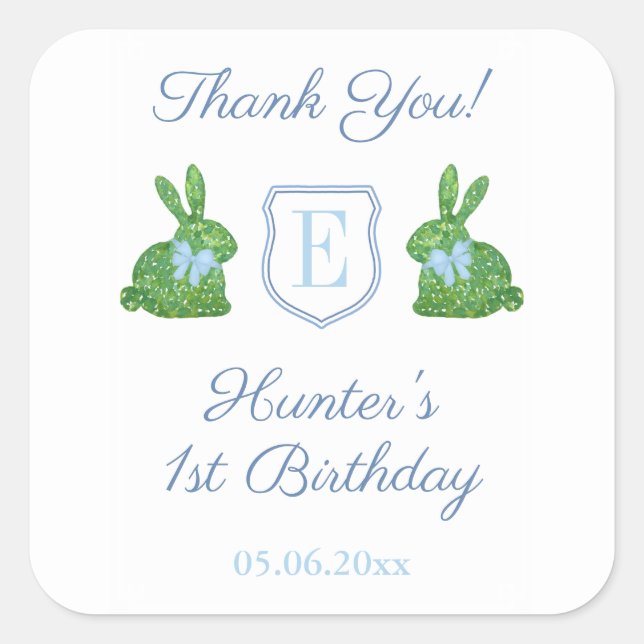 Rabbit Blue Monogram Baby Boy 1st Birthday Favour Square Sticker (Front)