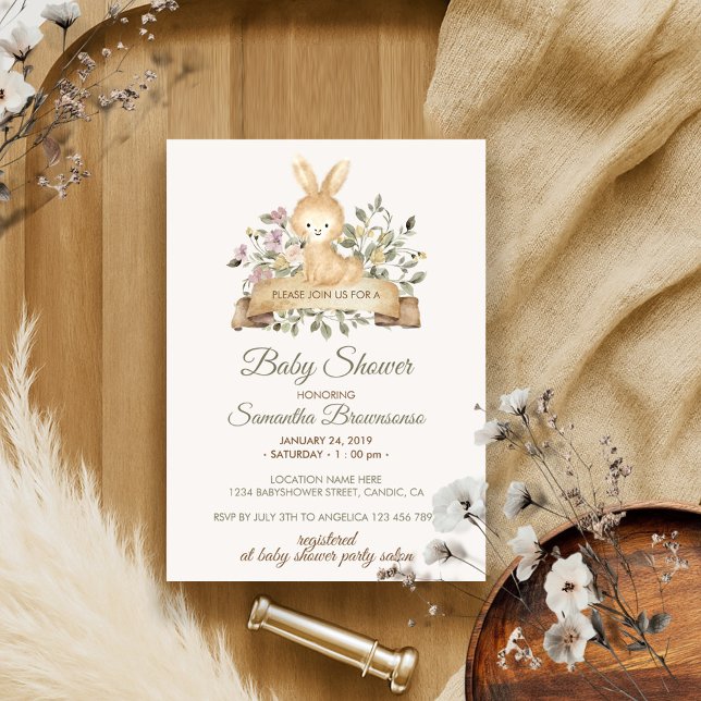 Rabbit Botanical Ribbon Shower Invitation (Creator Uploaded)