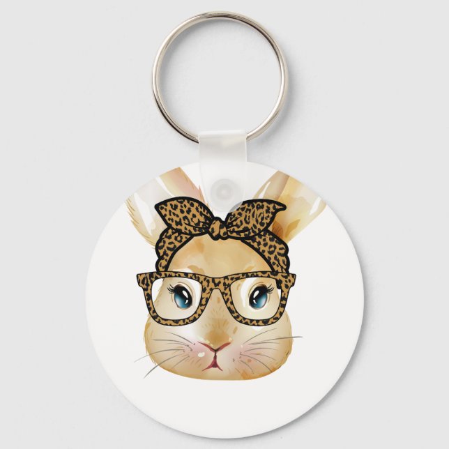 rabbit bow glass leopard, retro, vintage key ring (Front)