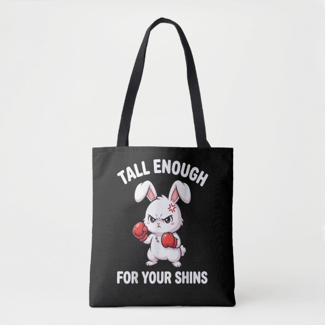 Rabbit Boxing Tall Enough for Your Shins Funny Tote Bag (Front)