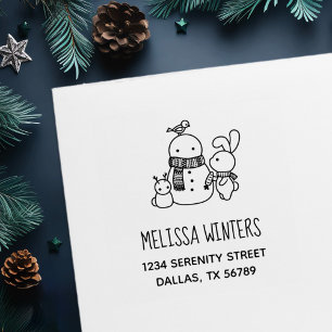 Rabbit Building Snowman Address Self-inking Stamp