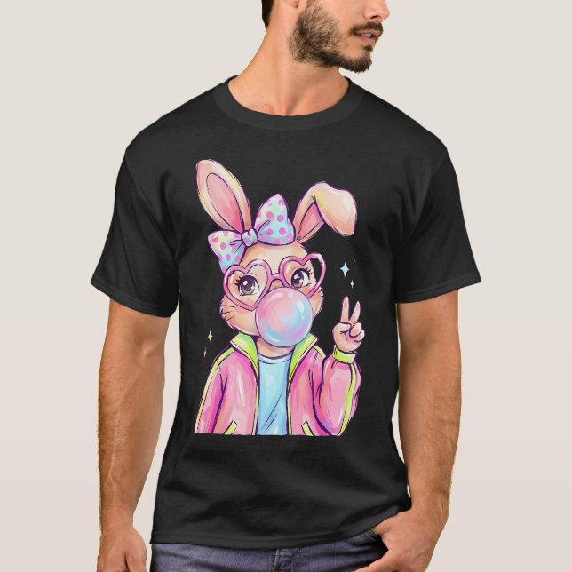 Rabbit Bunny Blowing Bubble Gum Easter Day Cute T-Shirt (Front)