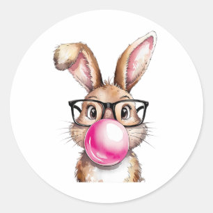 Rabbit Bunny Blowing Bubble Gum Easter Day Pink Wo Classic Round Sticker