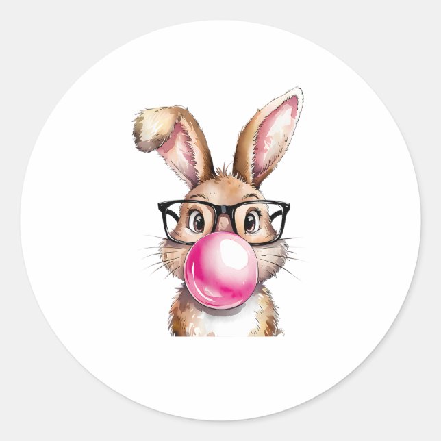 Rabbit Bunny Blowing Bubble Gum Easter Day Pink Wo Classic Round Sticker (Front)