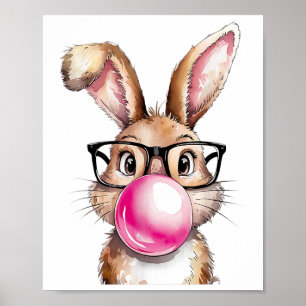 Rabbit Bunny Blowing Bubble Gum Easter Day Pink Wo Poster