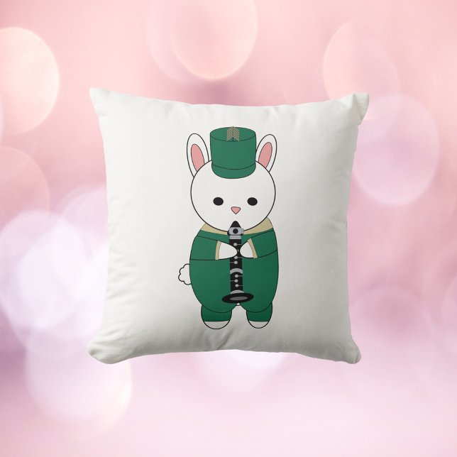 Rabbit Bunny Clarinet Marching Band Green Gold Cushion (A throw pillow with a rabbit playing the clarinet while wearing a green & gold marching band uniform)