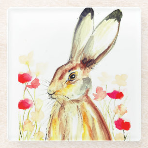 Rabbit Bunny Hare Floral Animal Wildlife Cute Glass Coaster