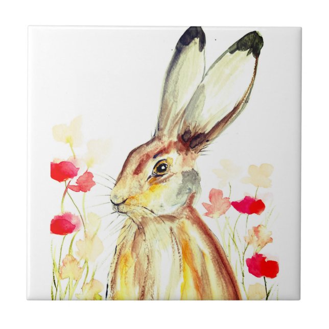Rabbit Bunny Hare Floral Animal Wildlife Cute Tile (Front)