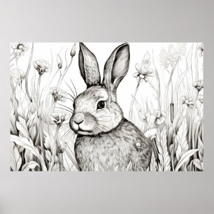 Rabbit Bunny Peaceful Nature Prairie Sketch Art Poster