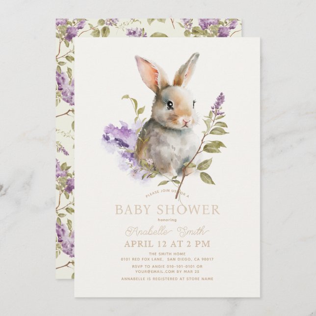 Rabbit Bunny Purple Lilac Floral Baby Shower Invitation (Front/Back)