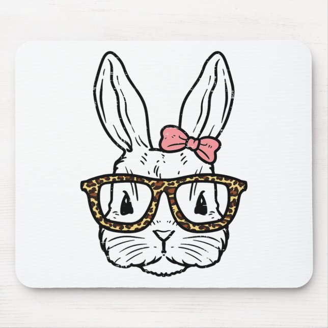 Rabbit Bunny Wearing Leopard Gles Cute Easter Girl Mouse Pad (Front)