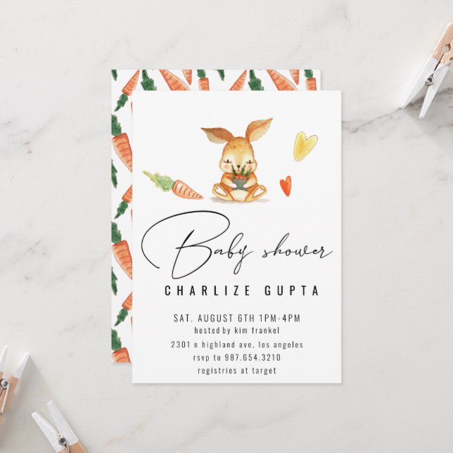 Rabbit carrot heart  Baby Shower Invite girl pink (Front/Back In Situ)