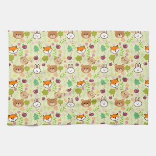 rabbit, cat, fox, bear pattern tea towel