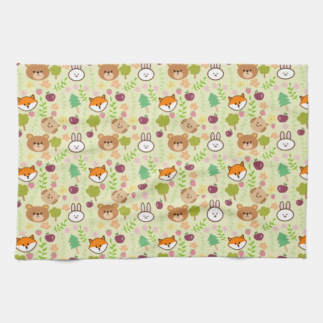 rabbit, cat, fox, bear pattern tea towel (Horizontal)
