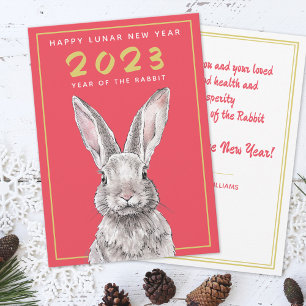 Rabbit Chinese New Year 2023 Bunny Animal art Red Holiday Card