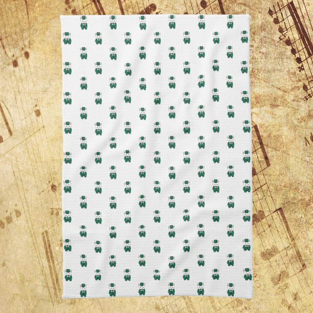 Rabbit Clarinet Marching Band Green Gold Tea Towel (A kitchen towel with a pattern of rabbits playing the clarinet in green & gold)