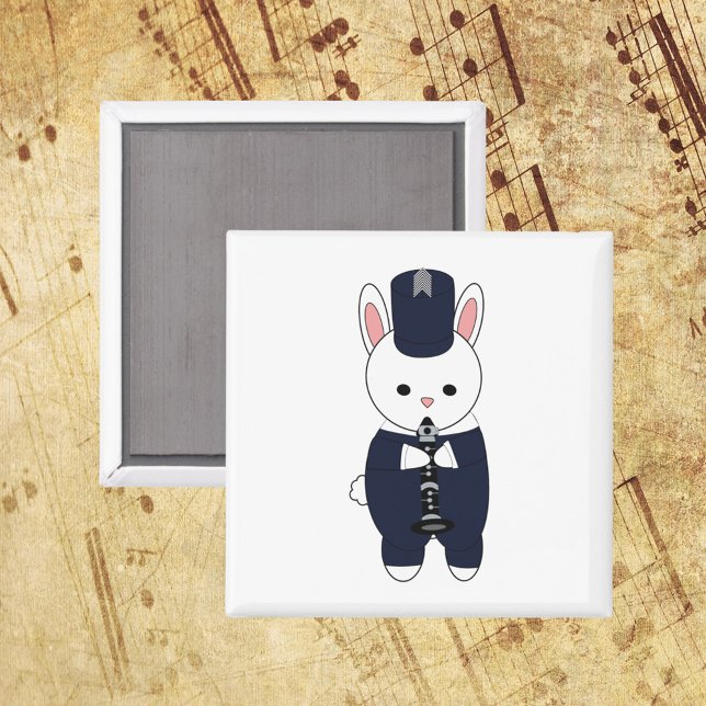 Rabbit Clarinet Marching Band Navy Blue White Magnet (A magnet of a rabbit playing the clarinet in a navy blue and white marching band uniform.)