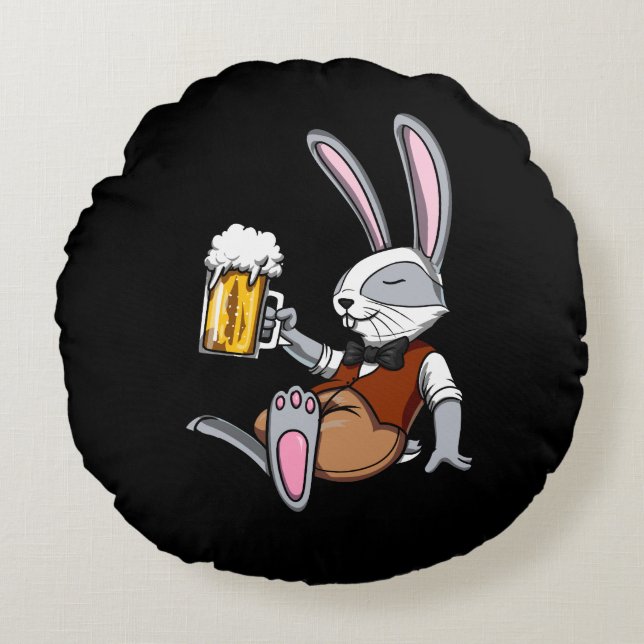Rabbit Drinking Beer Bunny Funny Party Round Cushion (Front)
