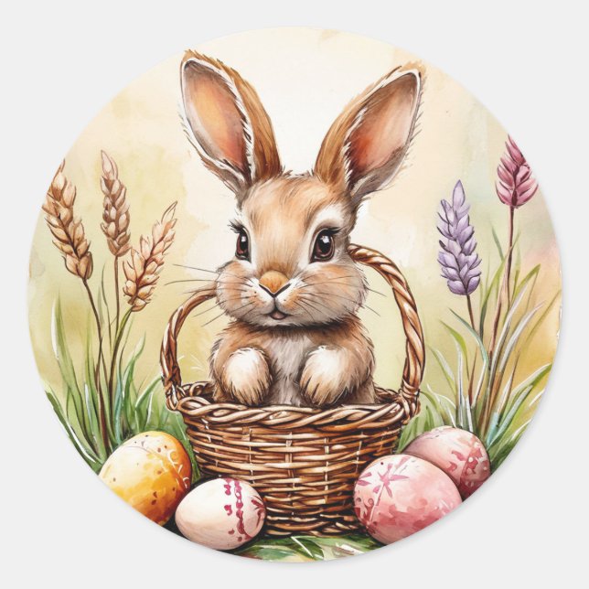 rabbit Easter Eggs, Nest and White Daffodils Classic Round Sticker (Front)