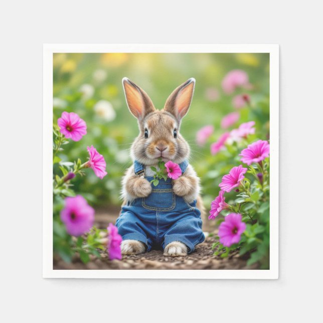 Rabbit Eating Pink Petunia Flowers Napkin (Front)