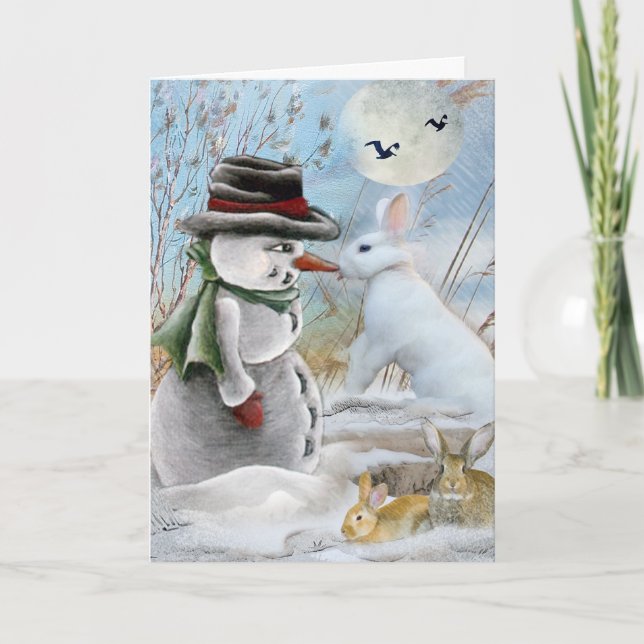 Rabbit Eating Snowman's Nose Holiday Card (Front)