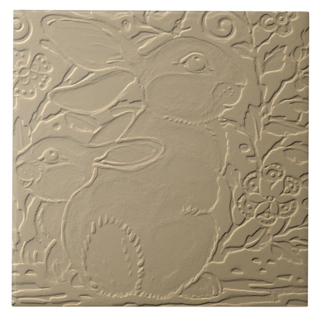 Rabbit Embossed Design Tan Floral Bunny Easter Art Tile (Front)