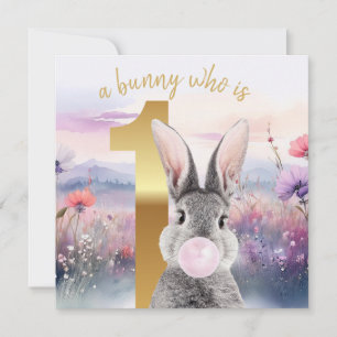 Rabbit First Birthday blowing pink gum Card