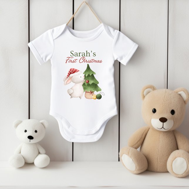 Rabbit First Christmas Baby Bodysuit (Personalized Christmas Rabbit Baby first Christmas. )