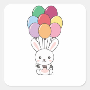 Rabbit Flies Up With Colourful Balloons Square Sticker