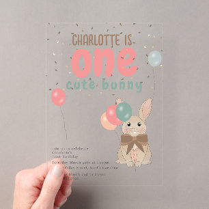 Rabbit Floral One Cute Bunny 1st Birthday Acrylic Invitations