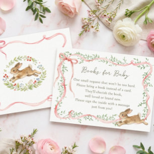 Rabbit Floral Pink Bow Baby Shower Book Request Enclosure Card