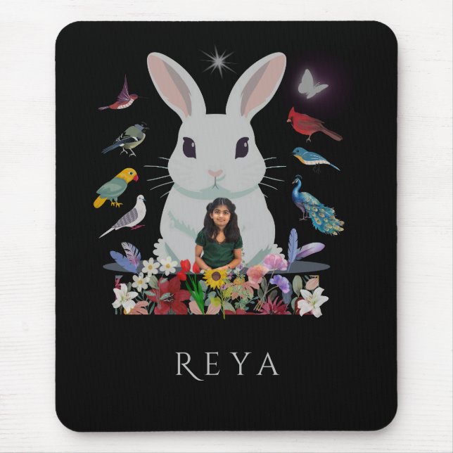 Rabbit, Flowers & Birds Personalised Design Mouse Pad (Front)