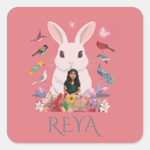 Rabbit, Flowers & Birds Personalised Design Square Sticker