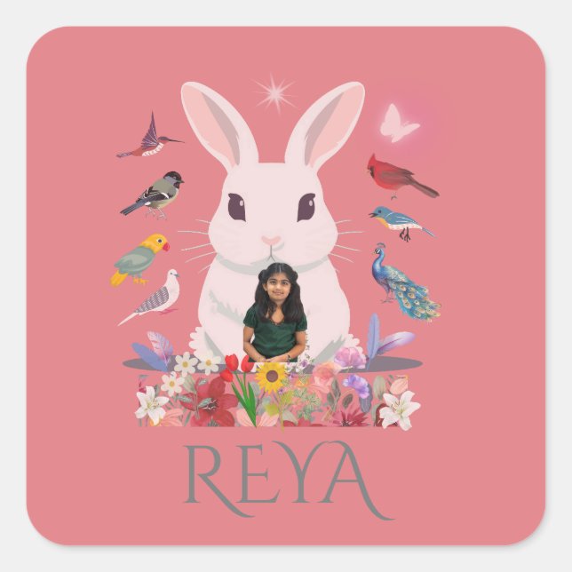 Rabbit, Flowers & Birds  Personalised Design Square Sticker (Front)