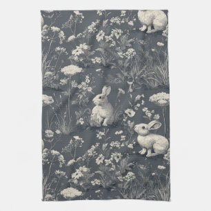 Rabbit Garden Botanical Black Toile Pattern Tea Towel