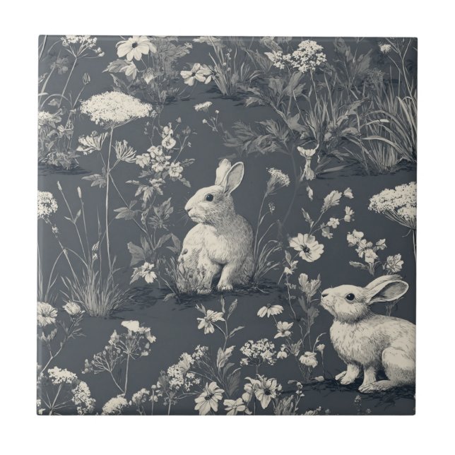 Rabbit Garden Botanical Black Toile Pattern Tile (Front)