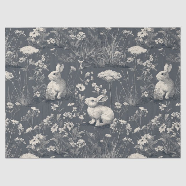 Rabbit Garden Botanical Black Toile Pattern Tissue Paper (Front)