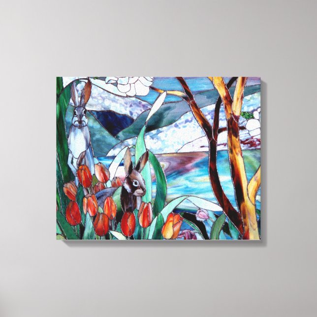 Rabbit Garden Stained Glass on Wrapped Canvas Art (Front)