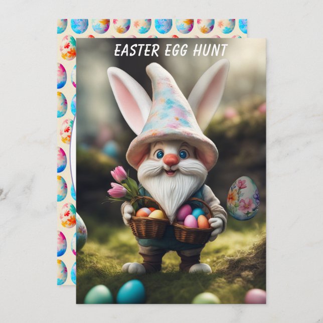 Rabbit Gnome with Basket Easter Egg Hunt Invitation (Front/Back)
