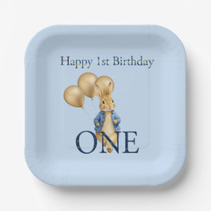 Rabbit Gold Balloons First Birthday Paper Plate