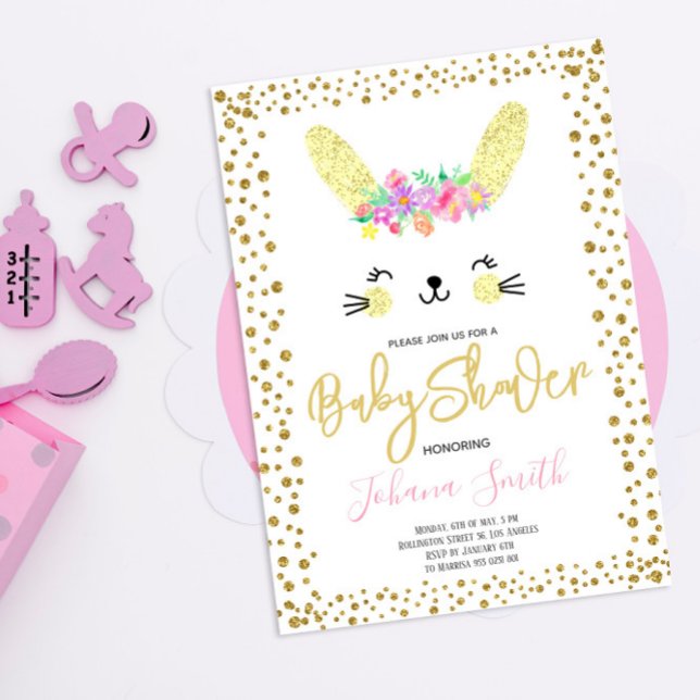 Rabbit Gold Confetti Baby Shower Invitation (Creator Uploaded)