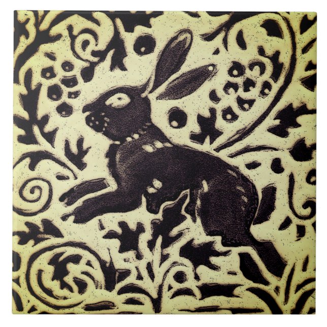Rabbit Grey Green Stoneware Foliage Woodland Art Tile (Front)